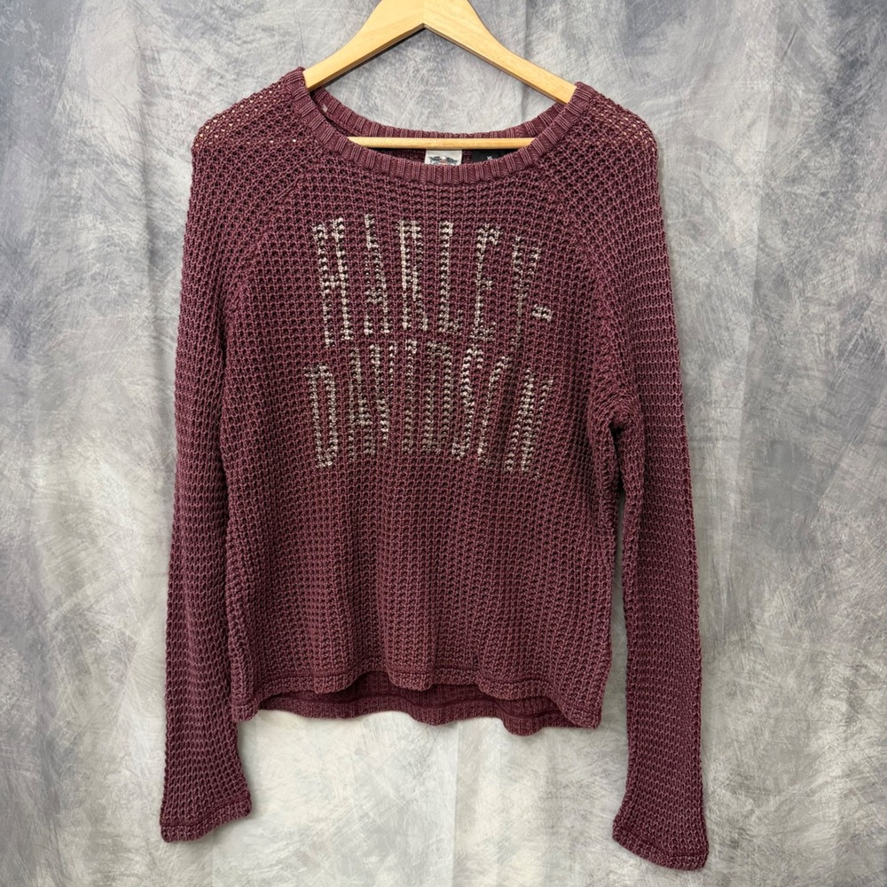 Harley-Davidson Womens XL Burgundy Waffle Knit Cotton Logo Sweater Plum Raglan